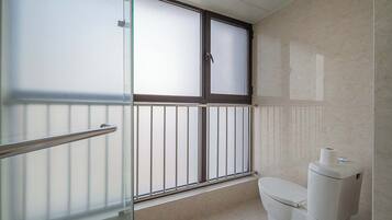 A bathroom with a toilet, a window with blinds, and a glass door with a metal handle.