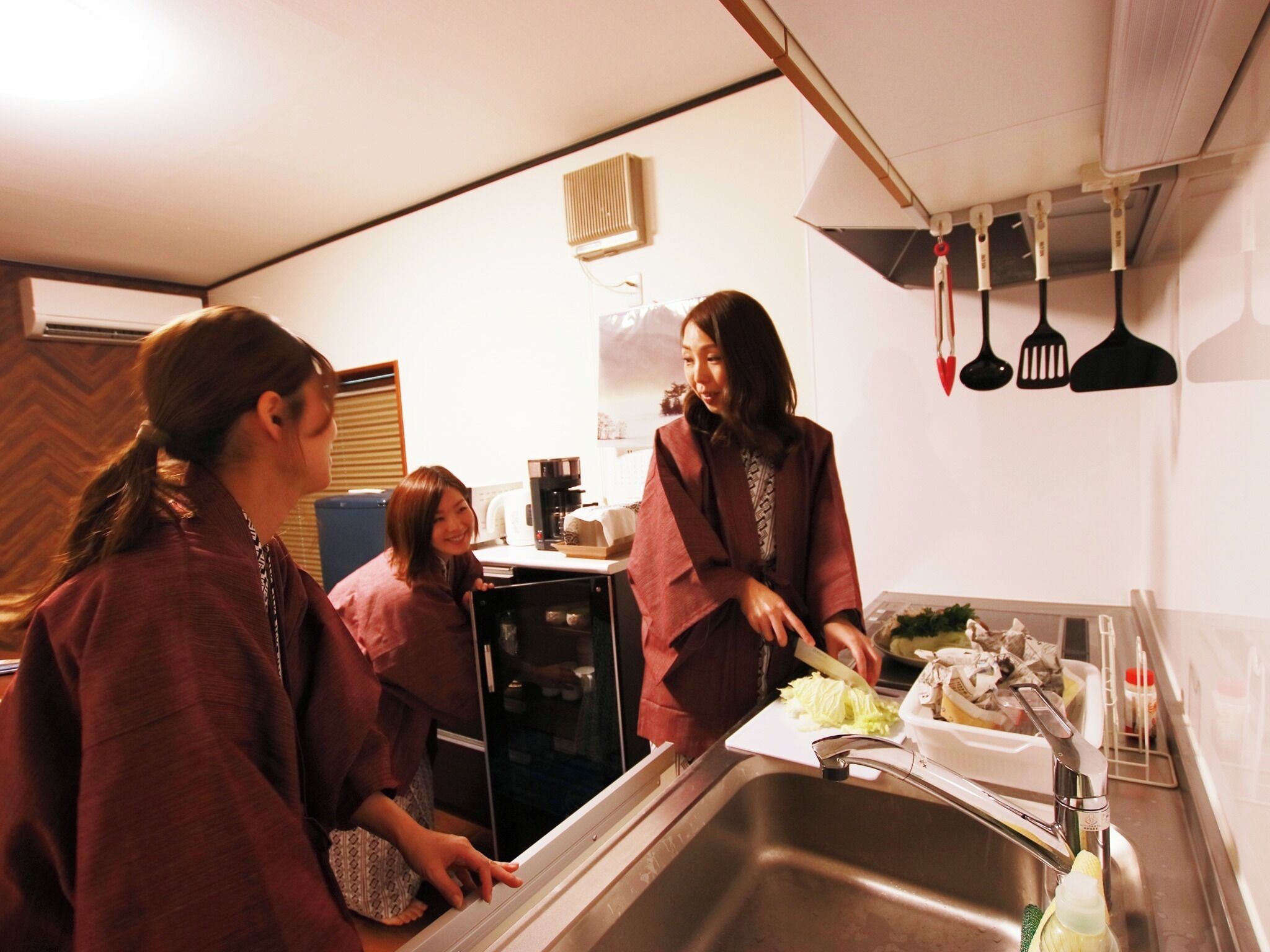 Mini-fridge, microwave, stovetop