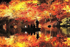 Een serene meren met herfstkleuren, een roeiboot met mensen en een persoon die aan de oever staat.