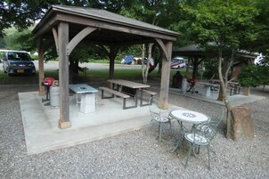A covered picnic area with benches and tables, surrounded by trees.