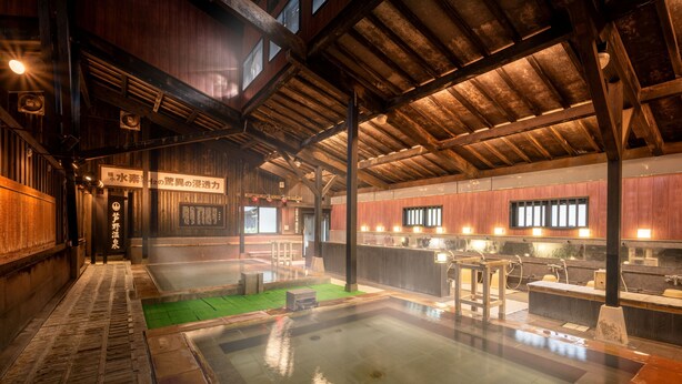 A traditional Japanese onsen with wooden interiors, a stone hot spring, and a reception area. - Ashino Onsen Hotel (Nasu)
