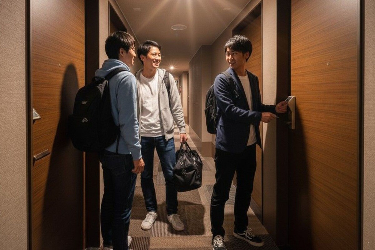 Un couloir avec des portes en bois, une personne tenant un sac et une autre personne qui utilise une poignée de porte.