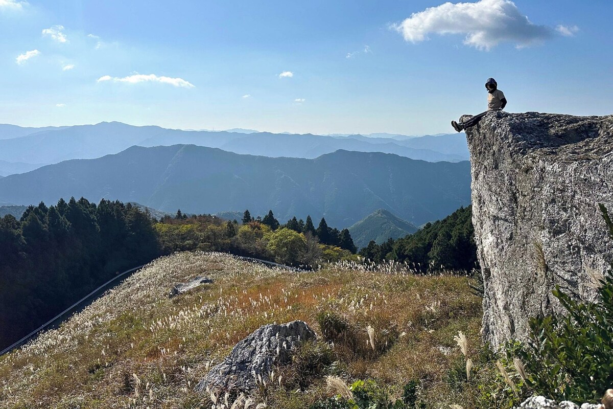 A rocky outcrop with a person standing on top, overlooking a valley with mountains in the distance.