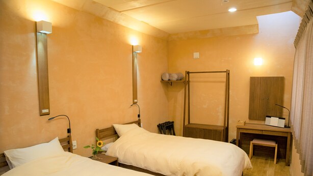 Une chambre d’hôtel avec deux lits, un bureau, un miroir et une douche.