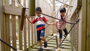 Children navigating a rope bridge structure. - Pica Fuji Grinpa (Susono)