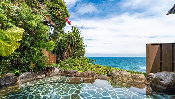 Una piscina cristalina con diseño de piedra, rodeada de rocas y exuberante vegetación, con vista al mar tranquilo.