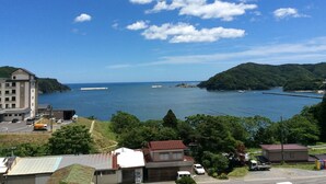 Un pueblo costero con un edificio grande, un puerto deportivo y un paisaje montañoso.