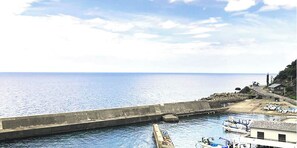 Un paysage côtier avec une digue en béton, des bateaux et un petit bâtiment doté d’un toit en pente.