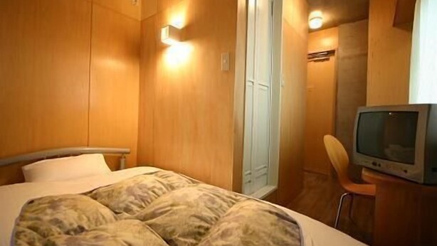 Una habitación de hotel con una cama, un televisor y un armario.