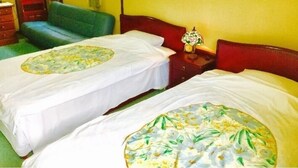 Une chambre avec deux lits, un canapé vert, une télévision et une lampe.