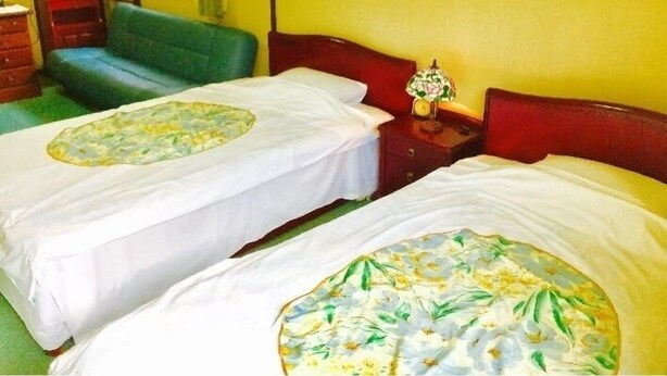 A room with two beds, a green sofa, a TV, and a lamp. - Hotel Saboten Apartment (Miyoshi)