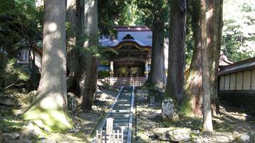 Um jardim japonês tradicional com um caminho de pedra que leva a uma estrutura de madeira.