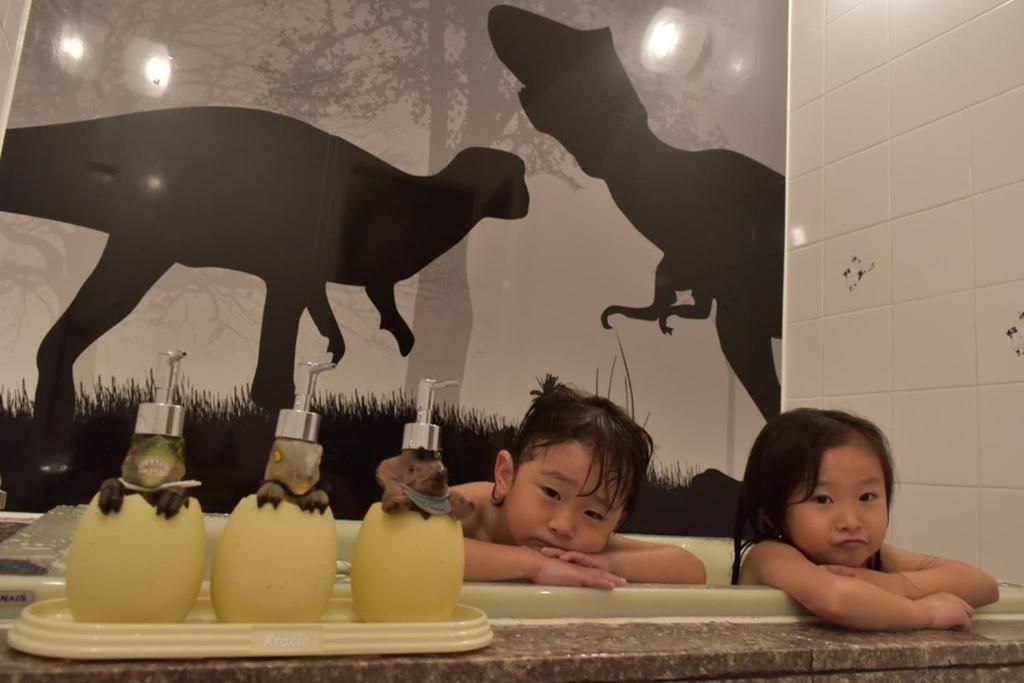 Une salle de bain décorée avec des motifs de dinosaures sur les murs, une baignoire et un plateau avec des distributeurs de savon.