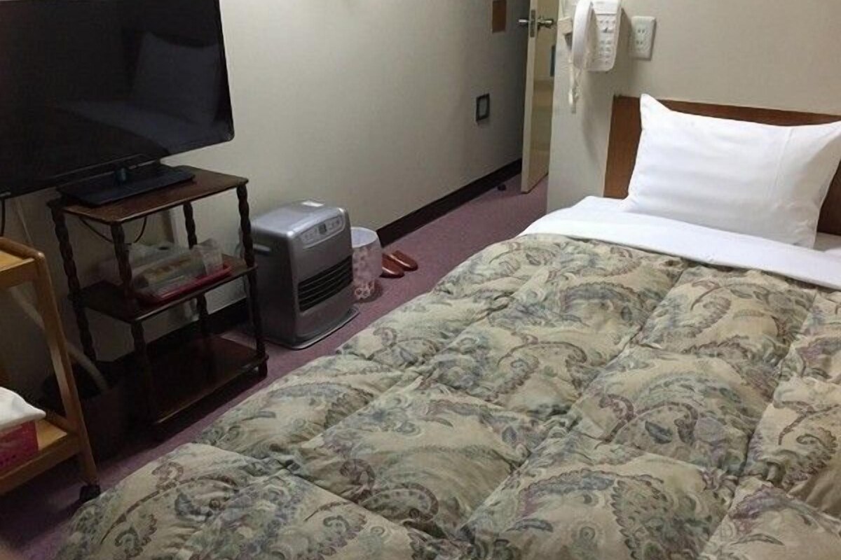 Ein Hotelzimmer mit Bett, Fernseher auf einem Schrank, Heizung und Kleiderschrank.