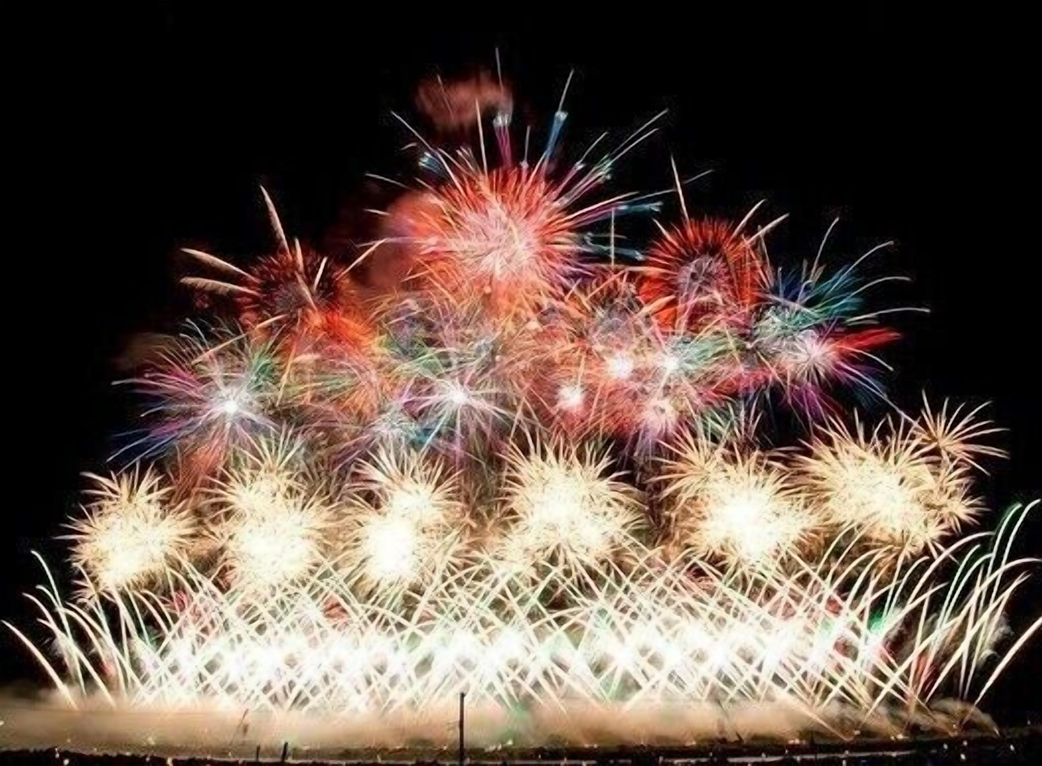 A nighttime fireworks display with multiple bursts of light.