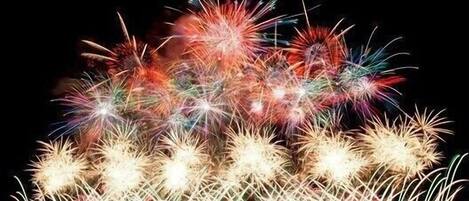 A nighttime fireworks display with multiple bursts of light.