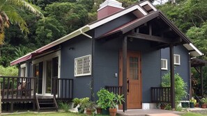 A two-story house with a porch, a wooden door, and a small garden area with potted plants. - Villa Adanrose Amami (Amami)