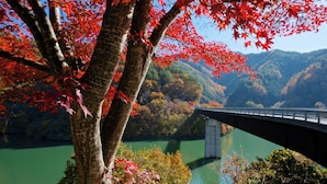 A bridge over a river with autumn foliage and a mountainous backdrop. - Minshuku Sampo (Chichibu)