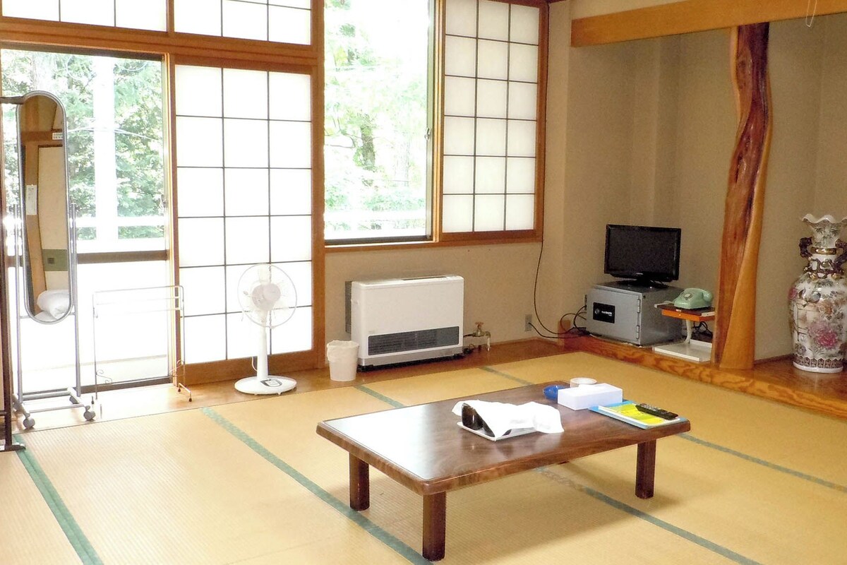 A traditional Japanese room with tatami flooring, a wooden table, a television, a radiator, and a decorative vase.