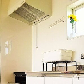 A kitchen with a window, a vent, and a vase with flowers. - Orizon (Minamiboso)