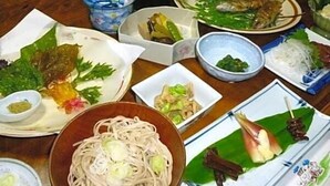 A variety of dishes on a table, including noodles, vegetables, and fish. - Minshuku Yurika (Urugi)