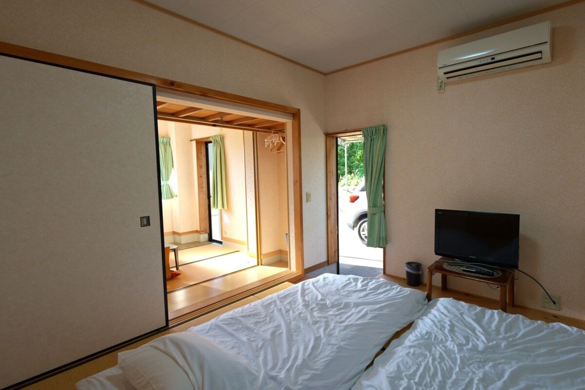 A room with a bed, a television, an air conditioner, and a sliding door leading to an outdoor area.