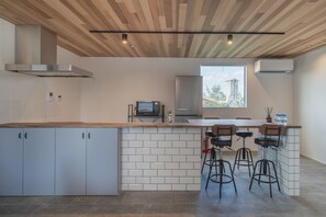 Mini-fridge, microwave, stovetop