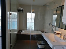 A modern bathroom with a glass shower enclosure, a bathtub, and a large mirror.