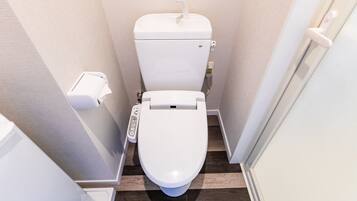 A small, modern bathroom with a white toilet, a control panel, and a toilet paper holder.