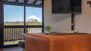 Een kamer met een houten bureau, een klein plantje en een aan de muur bevestigde televisie.