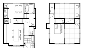 Two floor plans of a hotel room, each with a bathroom, a dining area, and a living space. - Yadoya Matsumoto Honjo (Matsumoto)