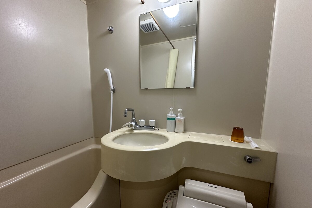 A bathroom with a sink, mirror, toilet, and a handheld showerhead.