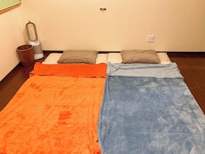 A room with two beds, each with a different colored blanket, a kettle, and a power outlet on the wall. - Tenkyu Inn (Nanjo)