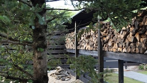 Une structure en bois abritant une pile de bois de chauffage sous un toit, entourée d’arbres.