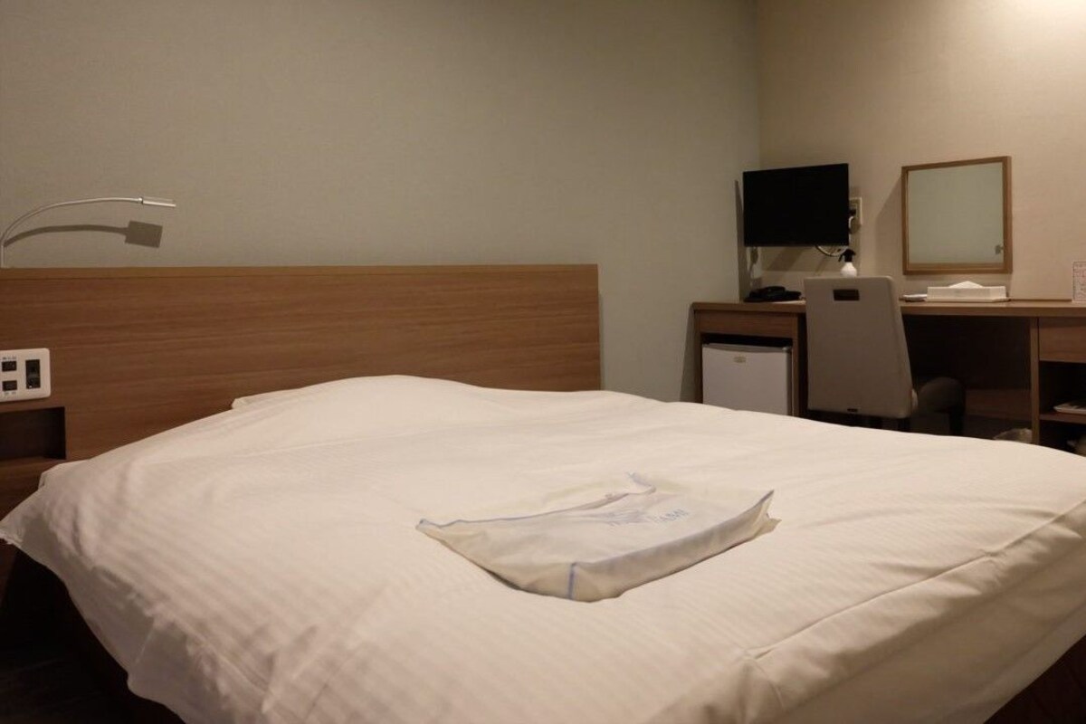 A hotel room with a bed, a desk, a chair, a television, a mirror, and a small refrigerator.
