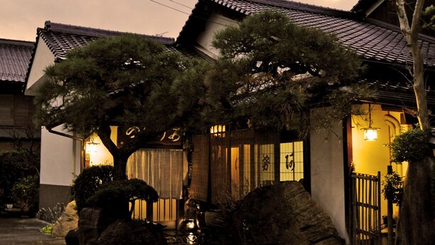 Een traditioneel Japans gebouw met pannendak, grote bomen en een stenen lantaarn.