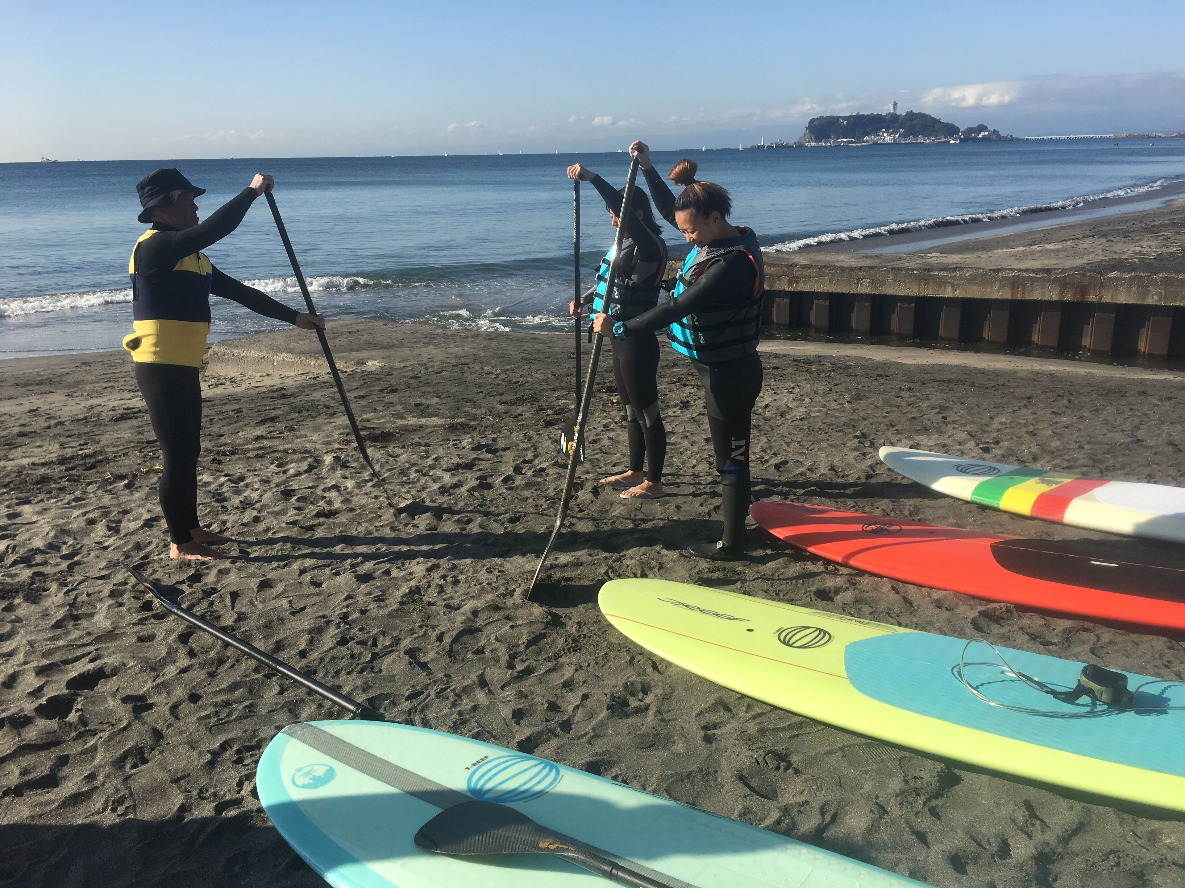Una playa con tablas de remo y gente de pie con remos.