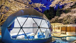 A geodesic dome structure with a pool and outdoor seating area. - Rupo no Mori (Fukui)