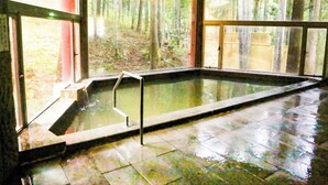 A large indoor swimming pool with a view of a forest through large windows. - Rupo no Mori (Fukui)