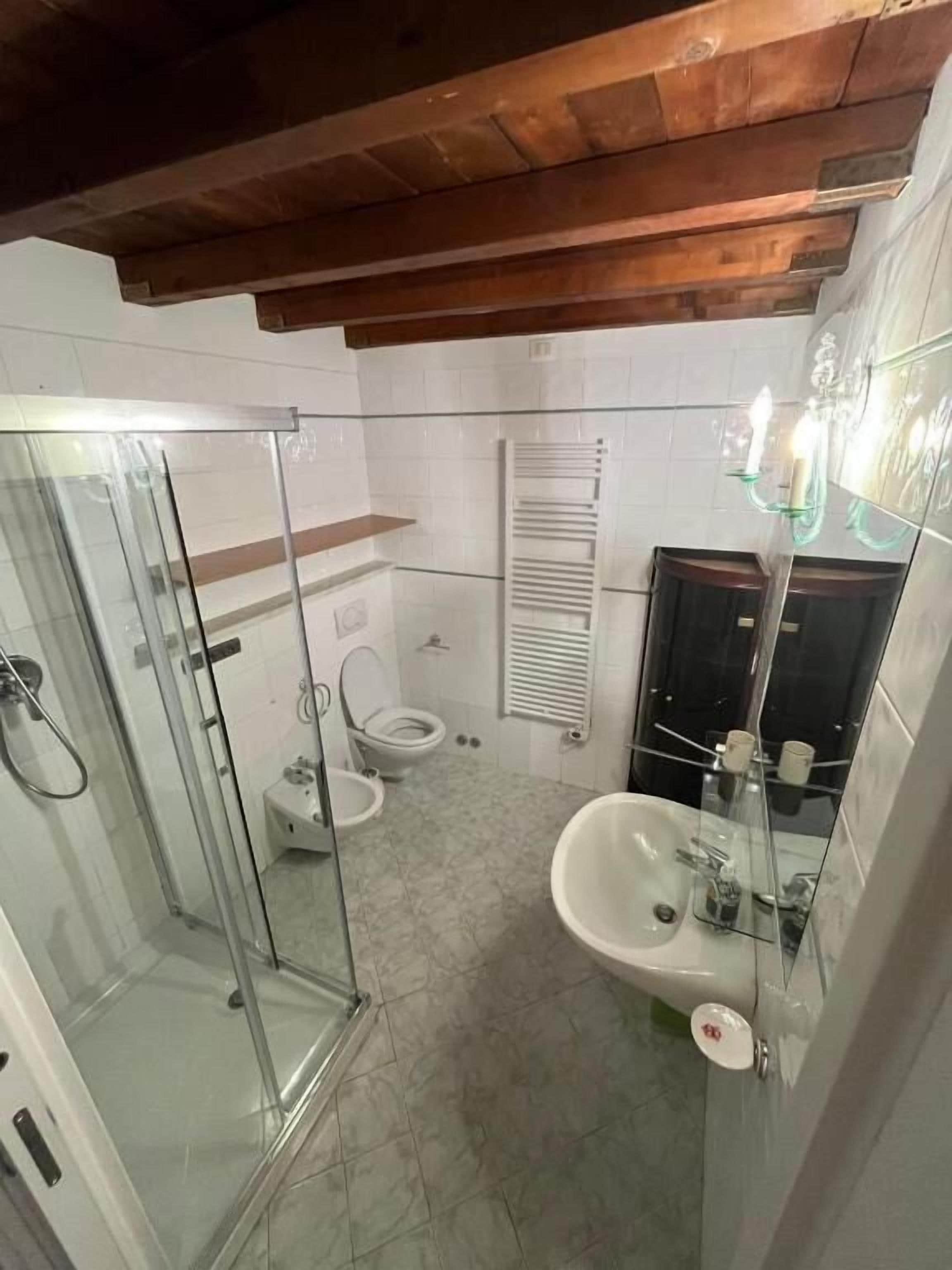 A compact bathroom with a glass shower enclosure, a white sink, and a toilet.
