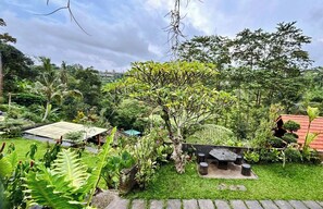 Un jardin luxuriant, avec une grande variété de plantes et un petit espace aménagé pour s’asseoir.