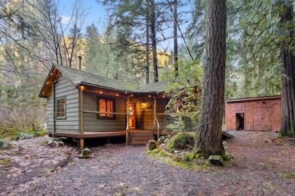 A cabin with a porch, surrounded by trees.