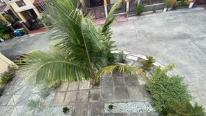 Un patio con palmeras y piso de baldosas, rodeado de edificios.