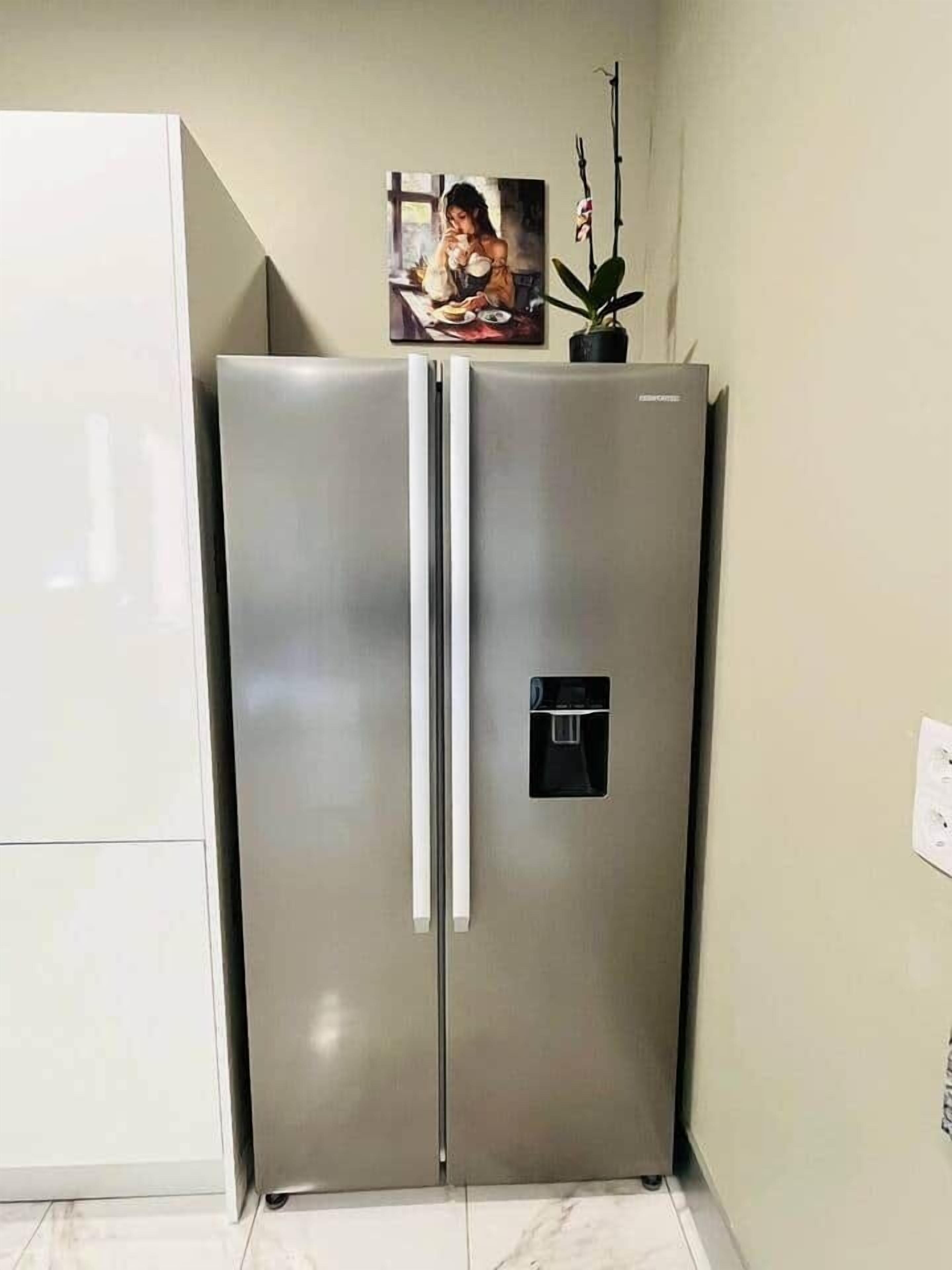 A stainless steel refrigerator with a freezer compartment on top, a water dispenser, and a small potted plant on the top shelf.