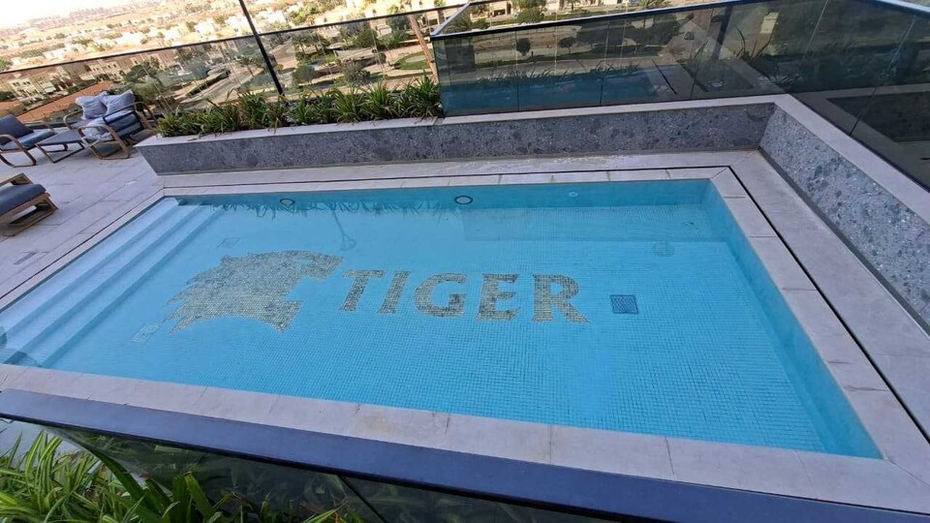 A swimming pool with the word "TIGER" spelled out in the water, surrounded by a glass balustrade and a view of the cityscape.