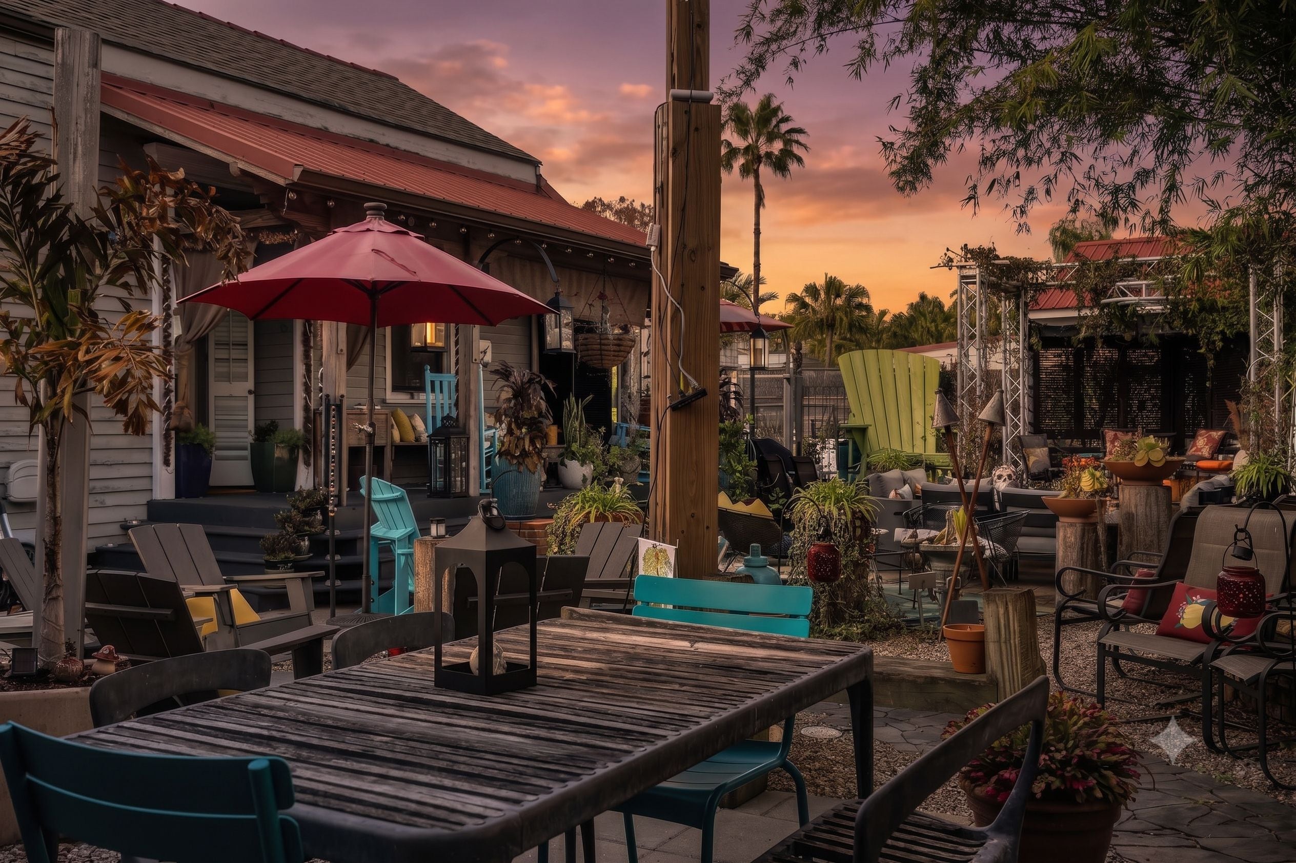 An outdoor seating area with tables and chairs, surrounded by potted plants and a wooden pergola.