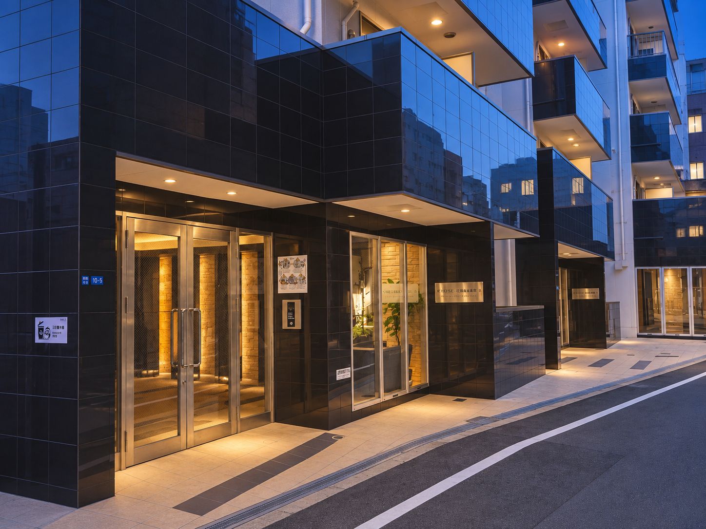 Un bâtiment moderne avec une façade en verre, un ascenseur visible et une enseigne indiquant les heures d’ouverture, de 10h à 17h.