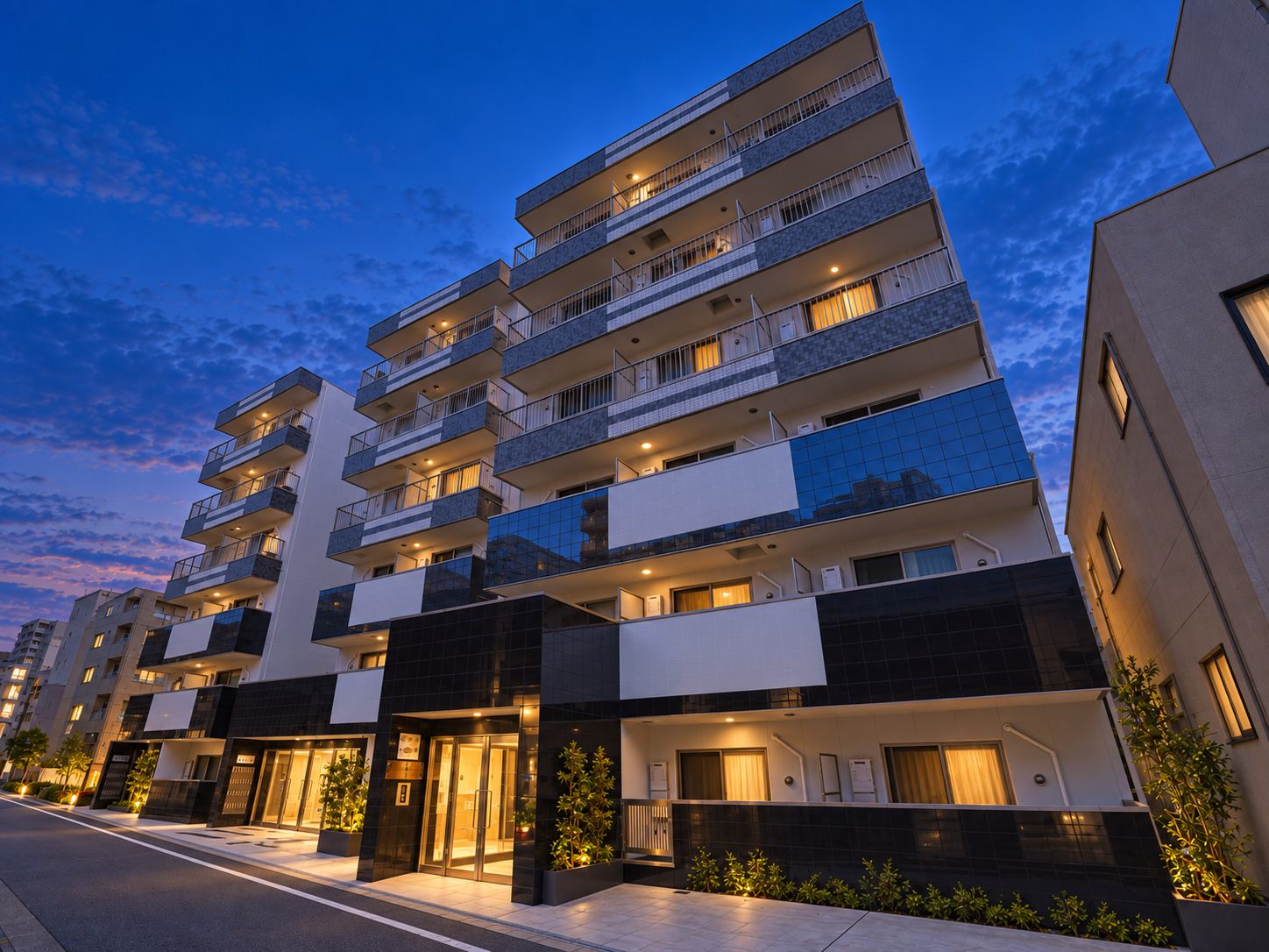 A multi-story hotel with balconies, a modern design, and a well-lit entrance.
