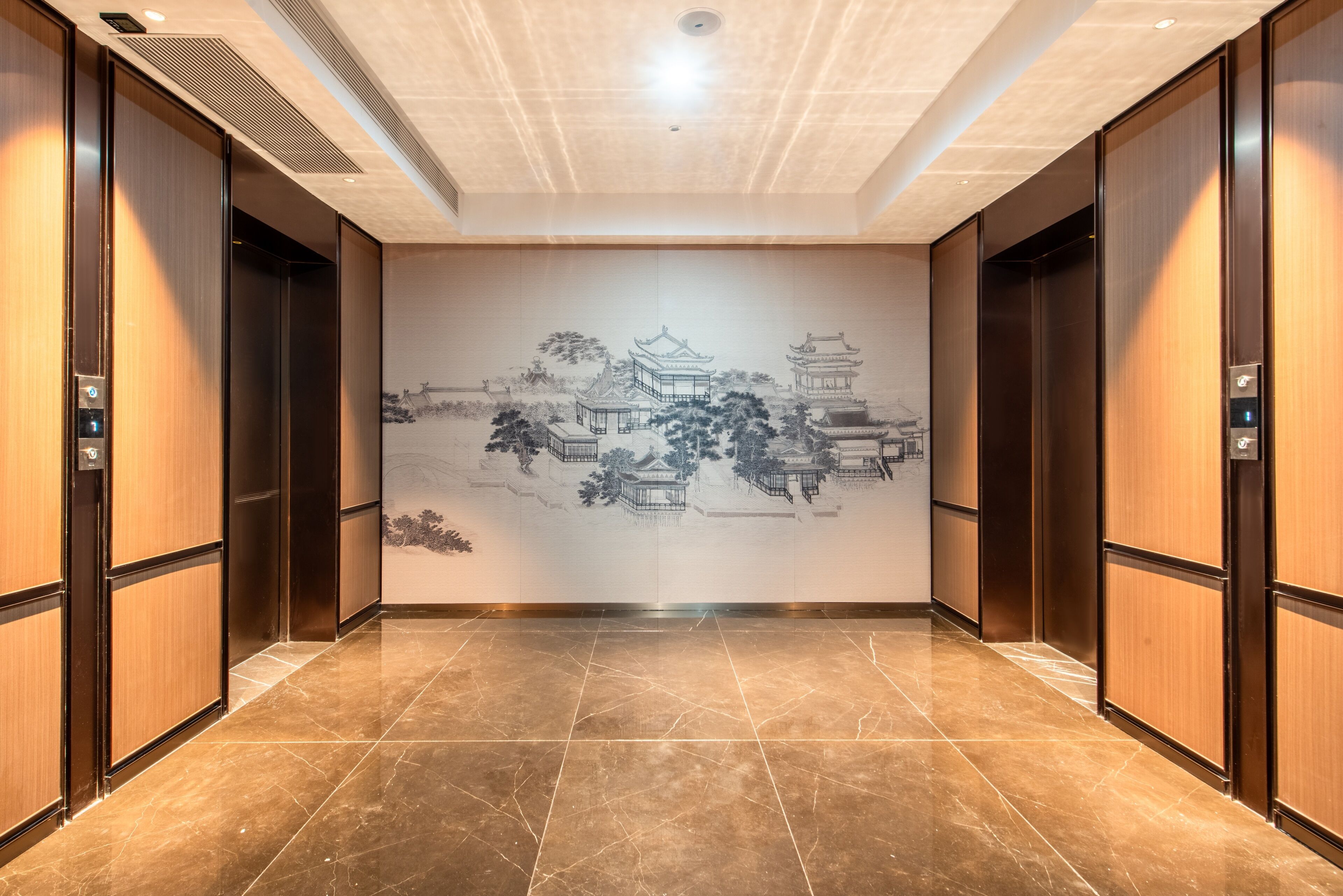 A hallway with a mural of traditional architecture, wooden doors, and a tiled floor.