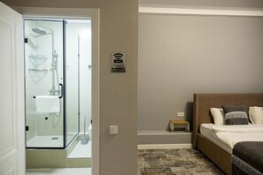 Buồng tắm vòi sen, máy sấy tóc, khăn tắm, xà phòng 